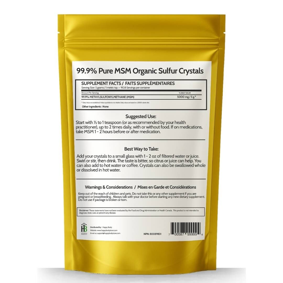 Happy Body Organic Sulfur Crystals - 1lb. Bag - Back of Bag