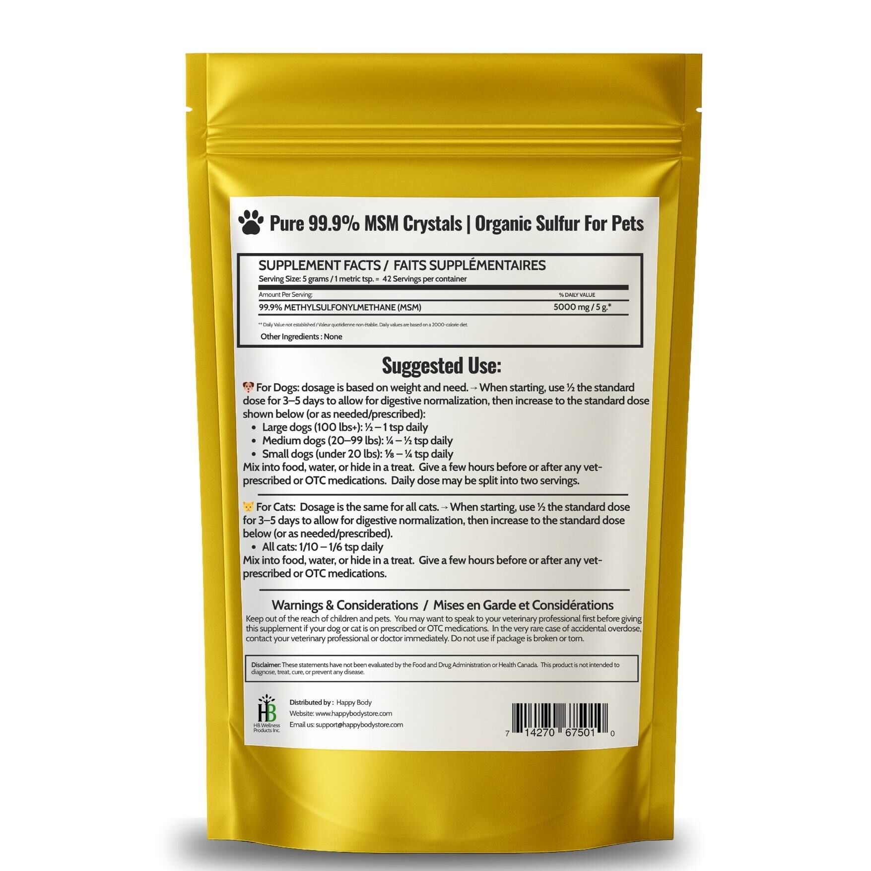 Happy Body Pure MSM For Pets - Organic Sulfur Crystals For Pets - 7 oz - Back of Bag