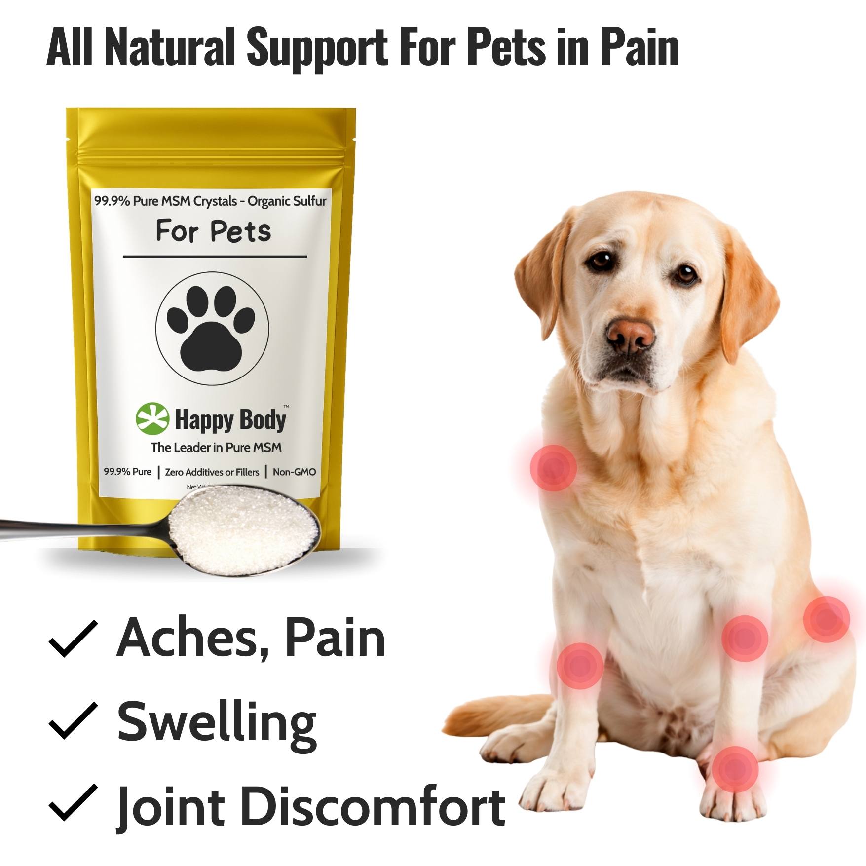 Happy Body Pure MSM Crystals For Pets - Joint Aches and Discomfort Benefits