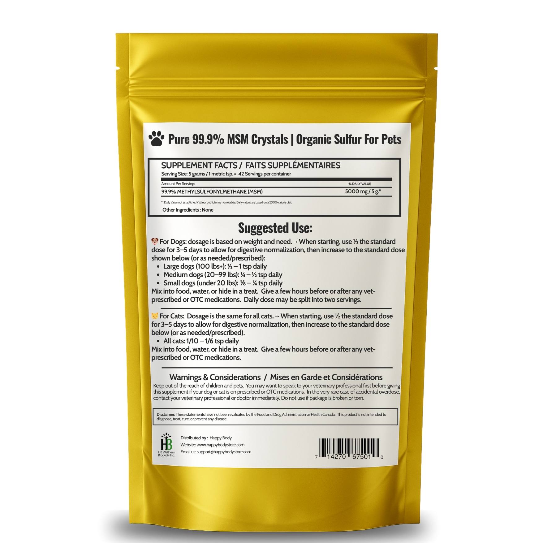 Happy Body Pure MSM For Pets - Organic Sulfur Crystals For Pets - 7 oz - Back of Bag